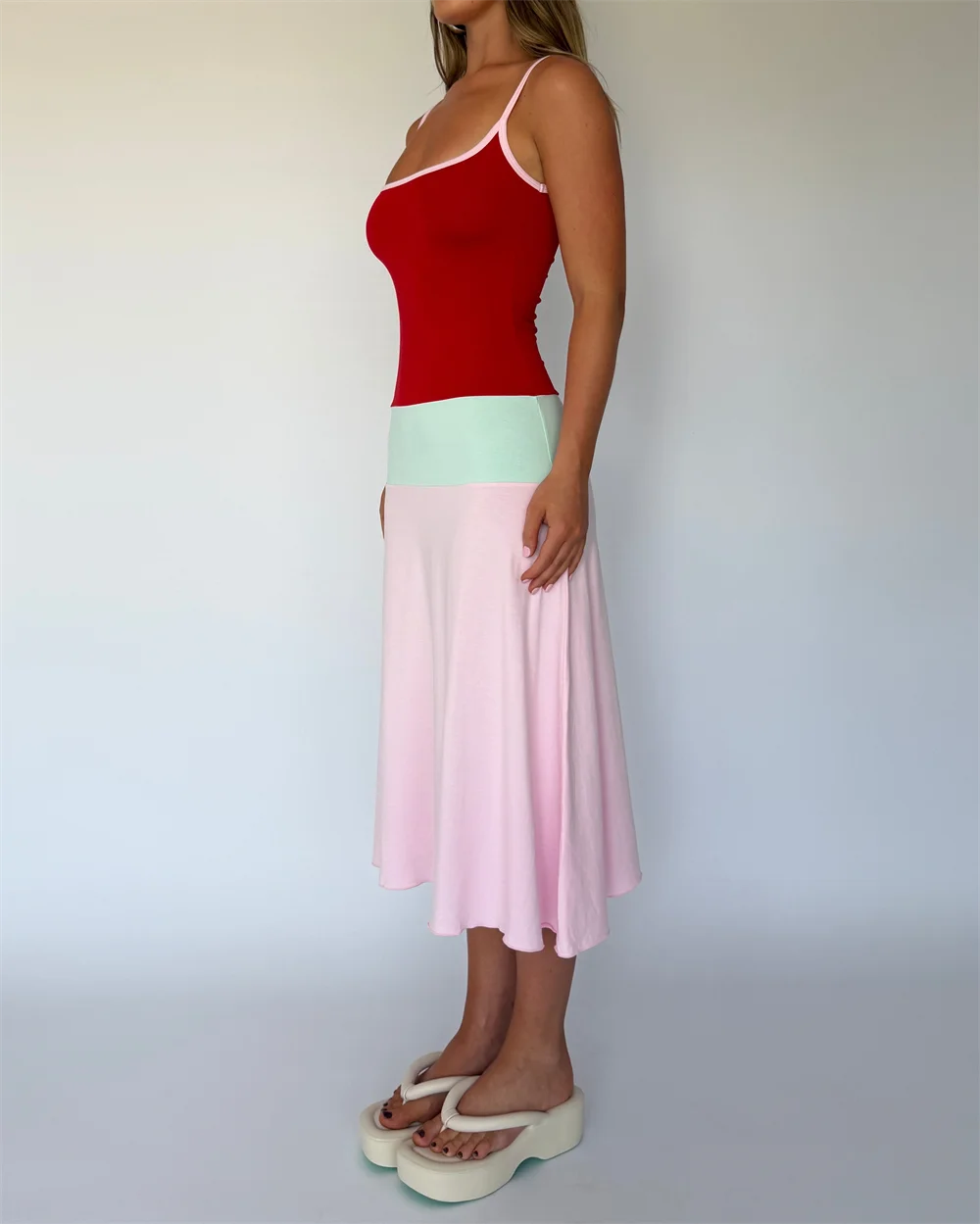 Absobe Women Color Block Cami Long Dress Spaghetti Strap High Waist A Line Swing Maxi Dress Summer Vacation Beach Casual Outfit