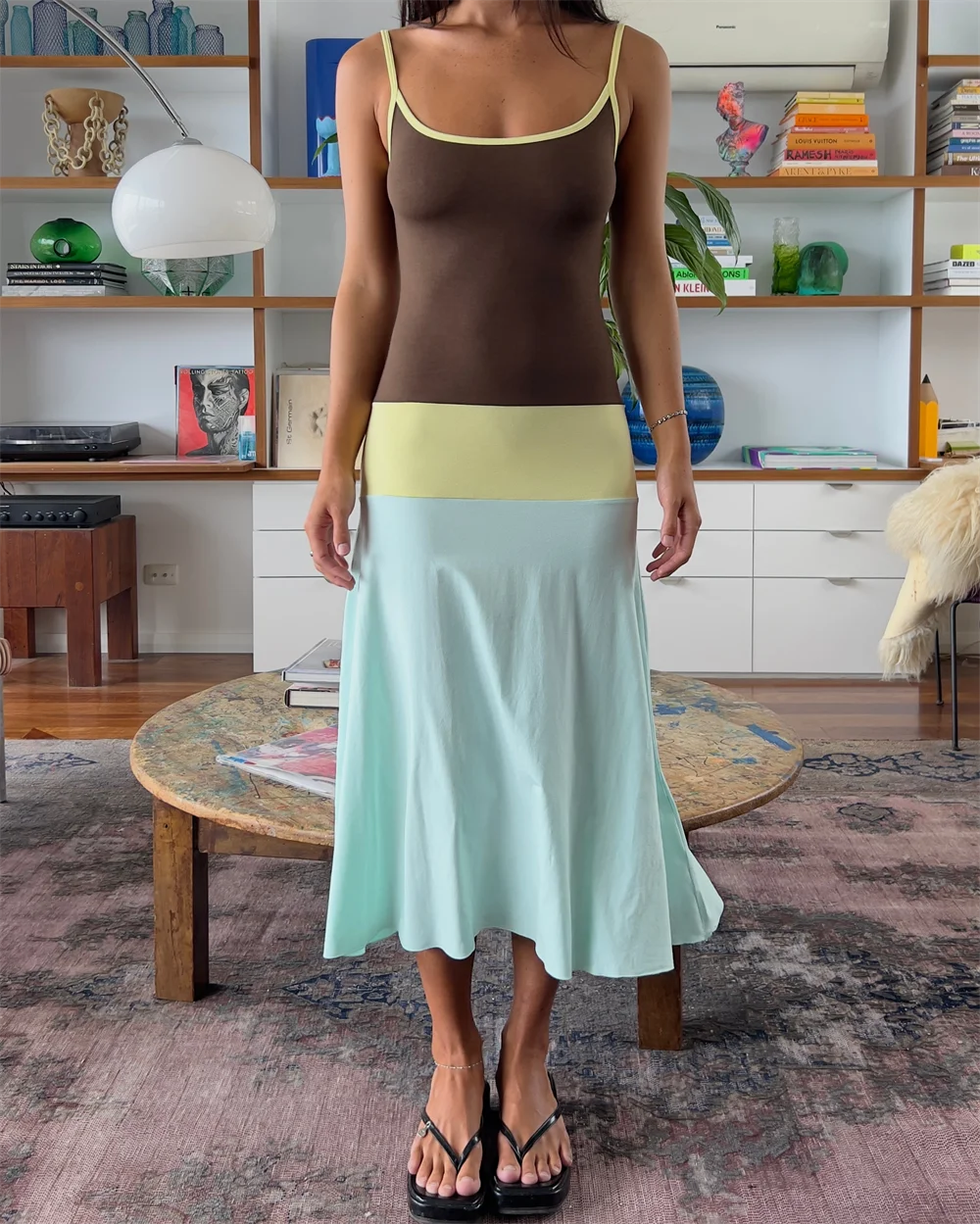 Absobe Women Color Block Cami Long Dress Spaghetti Strap High Waist A Line Swing Maxi Dress Summer Vacation Beach Casual Outfit