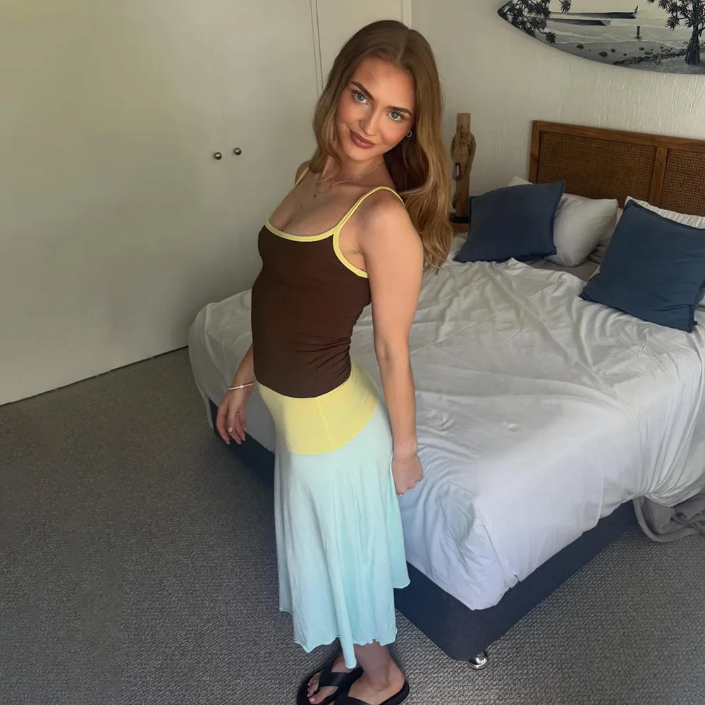 Absobe Women Color Block Cami Long Dress Spaghetti Strap High Waist A Line Swing Maxi Dress Summer Vacation Beach Casual Outfit