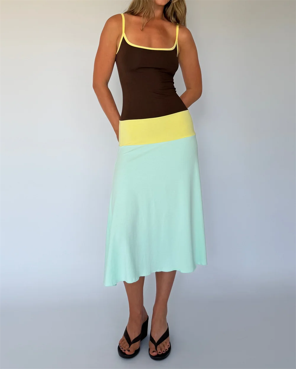 Absobe Women Color Block Cami Long Dress Spaghetti Strap High Waist A Line Swing Maxi Dress Summer Vacation Beach Casual Outfit