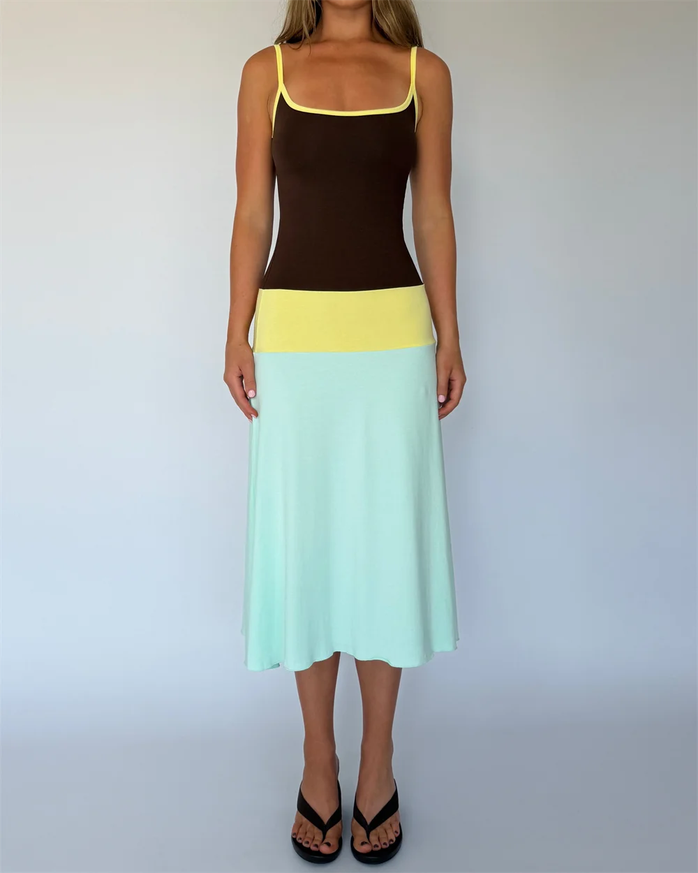 Absobe Women Color Block Cami Long Dress Spaghetti Strap High Waist A Line Swing Maxi Dress Summer Vacation Beach Casual Outfit