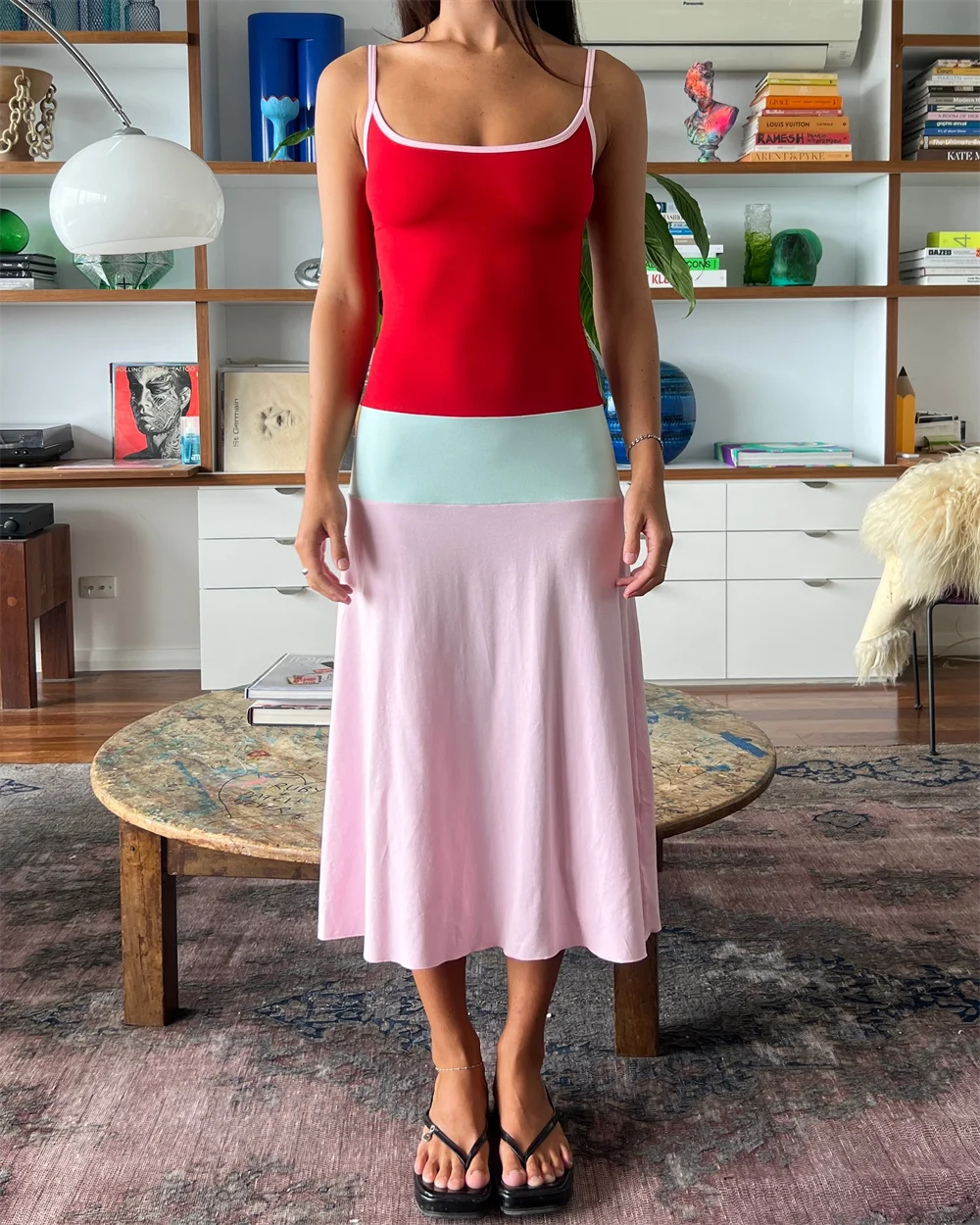 Absobe Women Color Block Cami Long Dress Spaghetti Strap High Waist A Line Swing Maxi Dress Summer Vacation Beach Casual Outfit