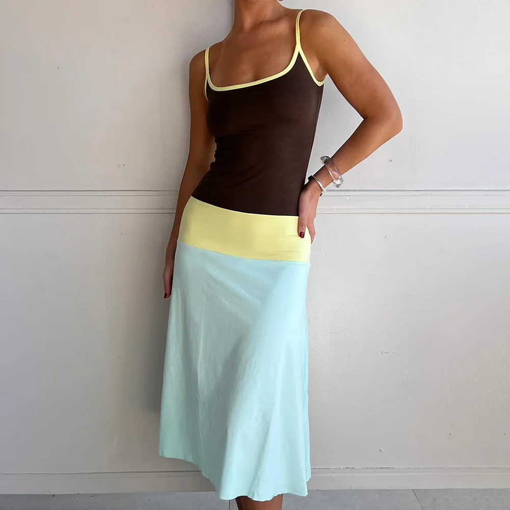 Absobe Women Color Block Cami Long Dress Spaghetti Strap High Waist A Line Swing Maxi Dress Summer Vacation Beach Casual Outfit