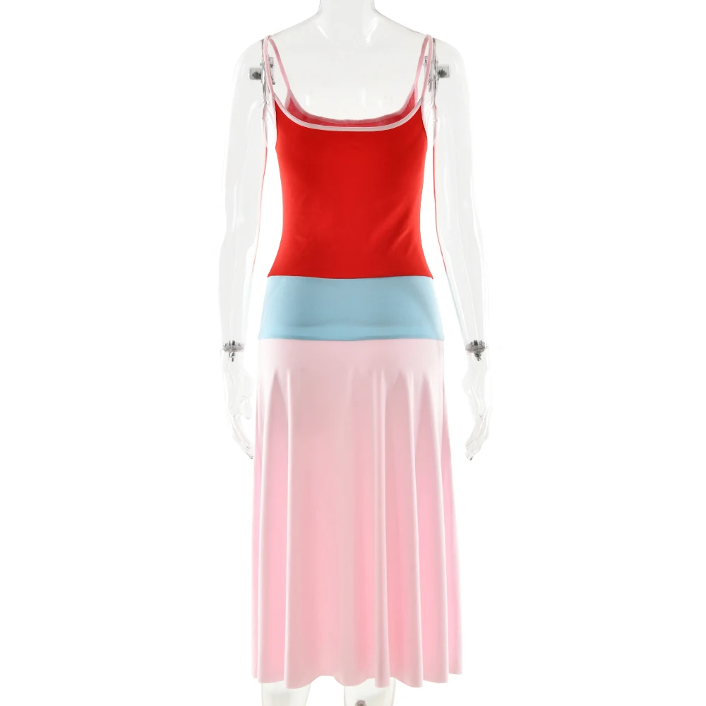 Absobe Women Color Block Cami Long Dress Spaghetti Strap High Waist A Line Swing Maxi Dress Summer Vacation Beach Casual Outfit