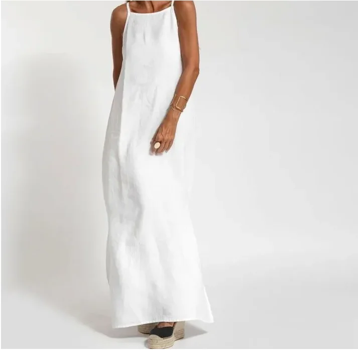 Women Cotton linen Side Split Long Slip Dress Summer Lady Strapless Solid Color Holiday Party Dresses