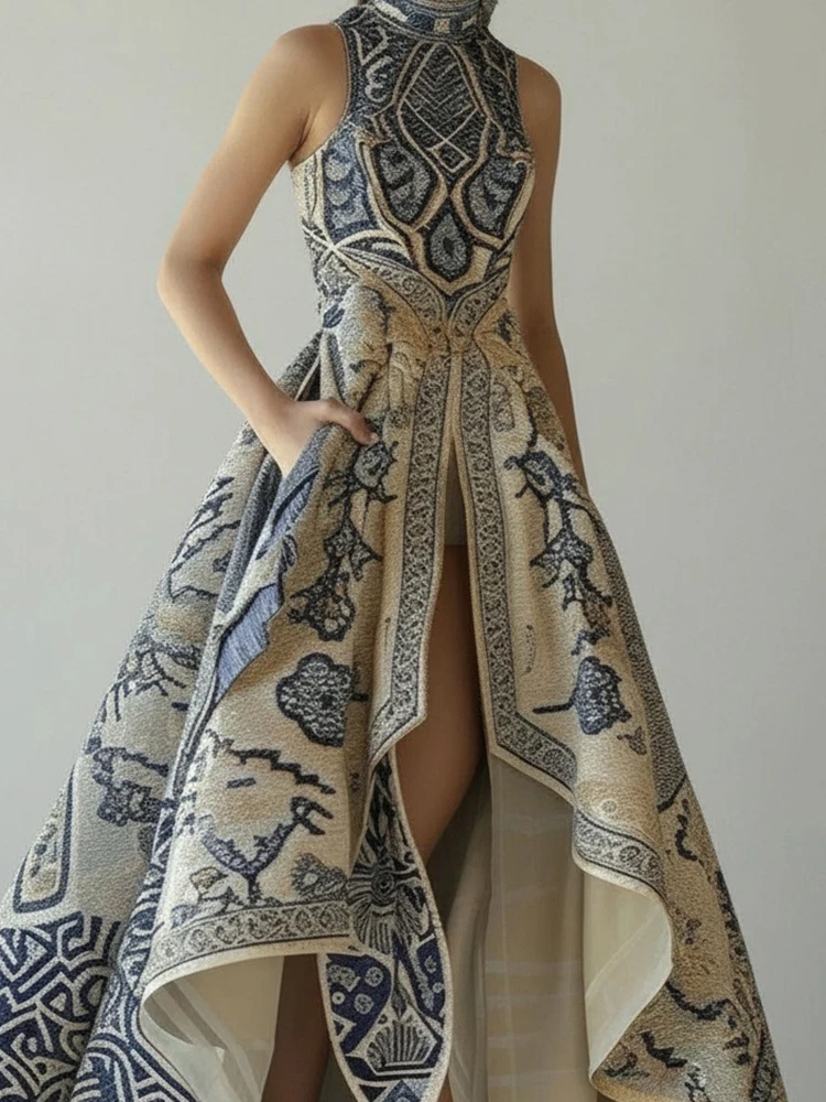 European Elegant Party Evening Formal Dress for Women's Low High Hem Pockets Floral Printed Wedding Guest Sleeveless Long Dress