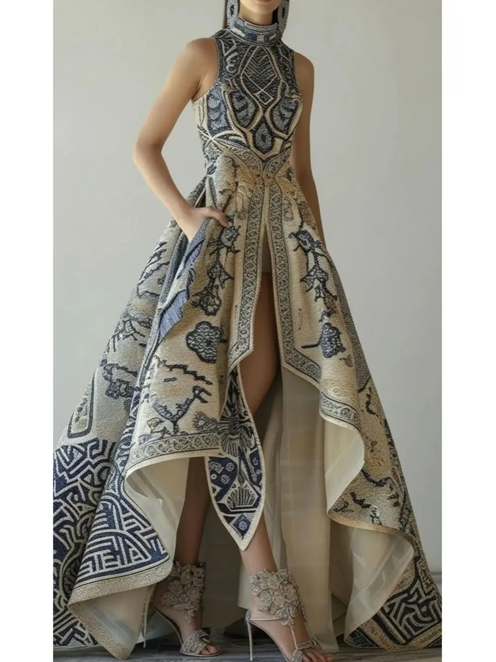 European Elegant Party Evening Formal Dress for Women's Low High Hem Pockets Floral Printed Wedding Guest Sleeveless Long Dress