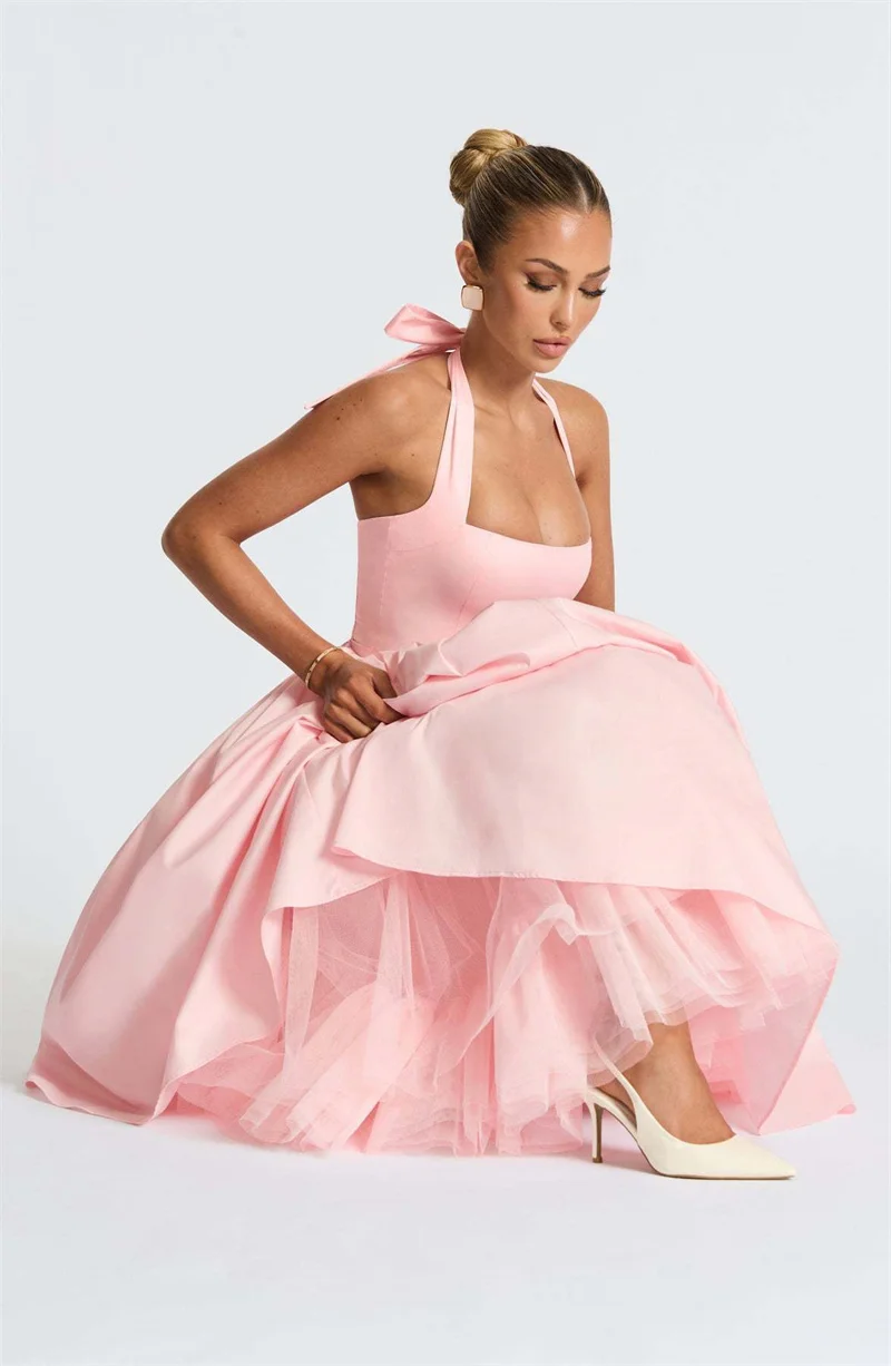 Mozision Halter Backless A-line Club Midi Dress Women Fashion Elegant Square Collar Sleeveless High Waist Party Pleated Dress