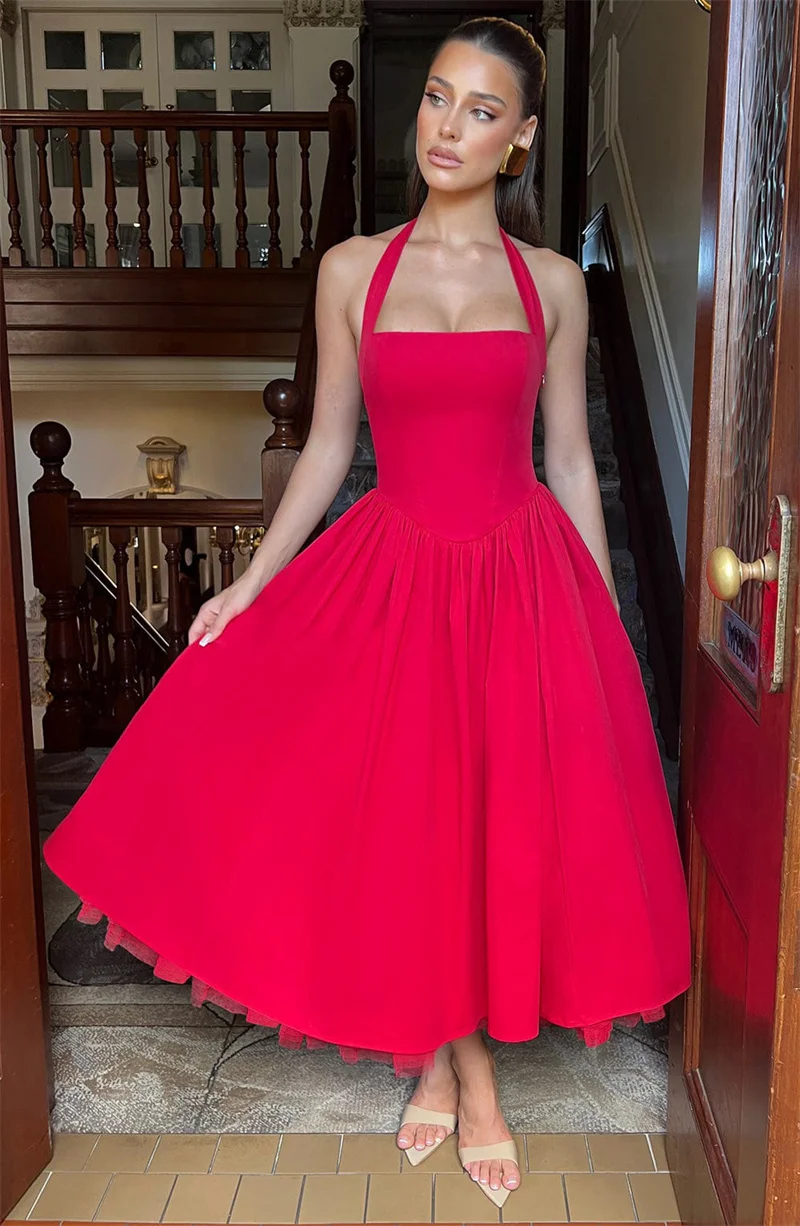 Mozision Halter Backless A-line Club Midi Dress Women Fashion Elegant Square Collar Sleeveless High Waist Party Pleated Dress