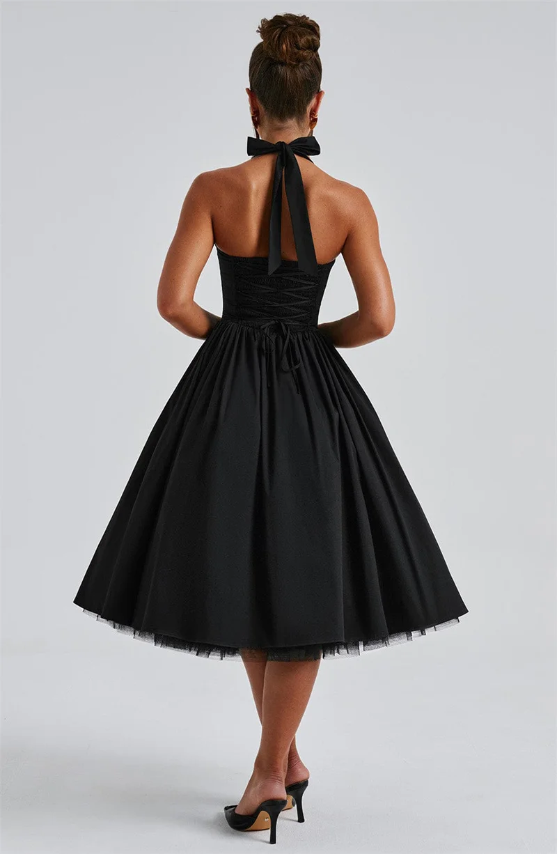 Mozision Halter Backless A-line Club Midi Dress Women Fashion Elegant Square Collar Sleeveless High Waist Party Pleated Dress