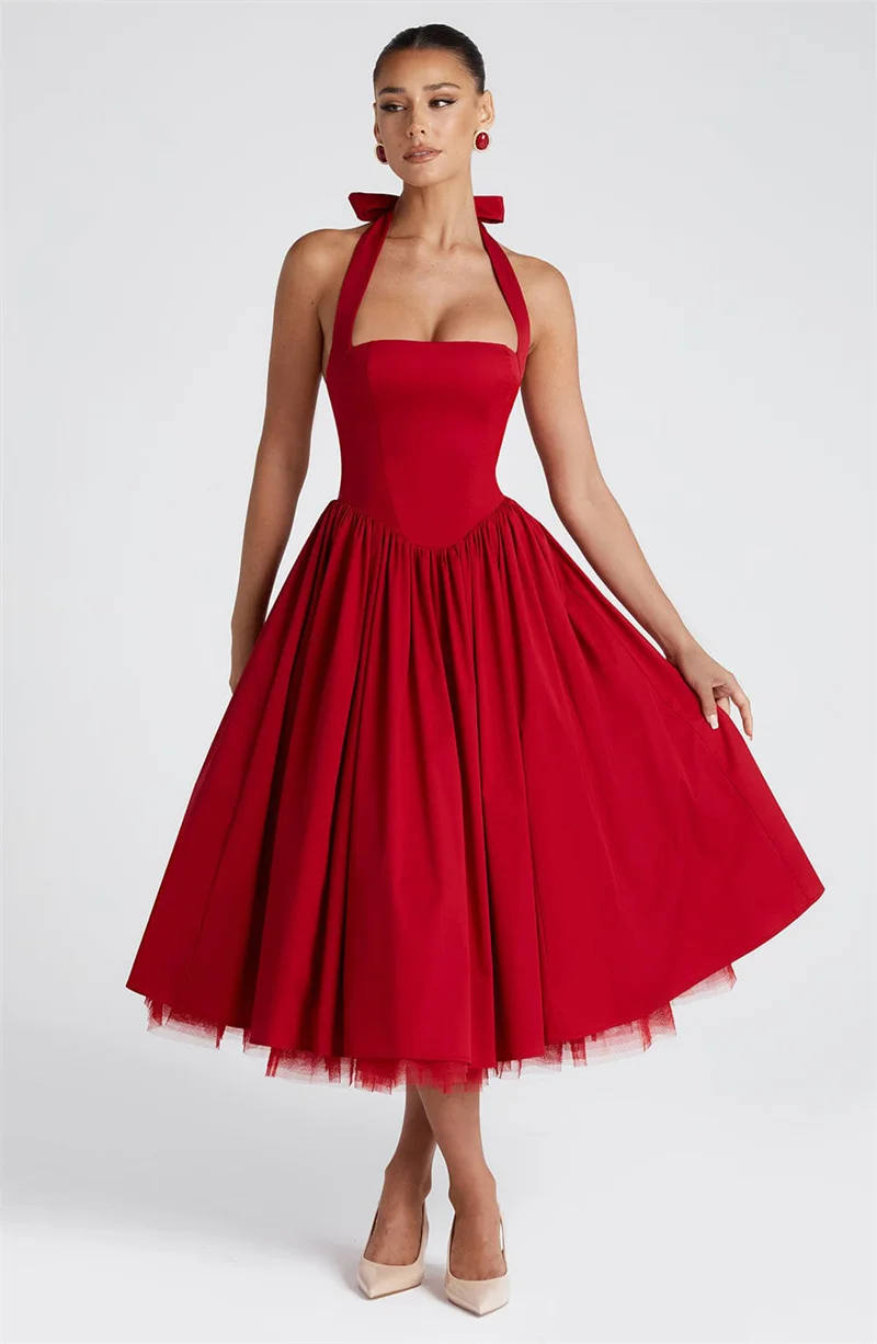 Mozision Halter Backless A-line Club Midi Dress Women Fashion Elegant Square Collar Sleeveless High Waist Party Pleated Dress