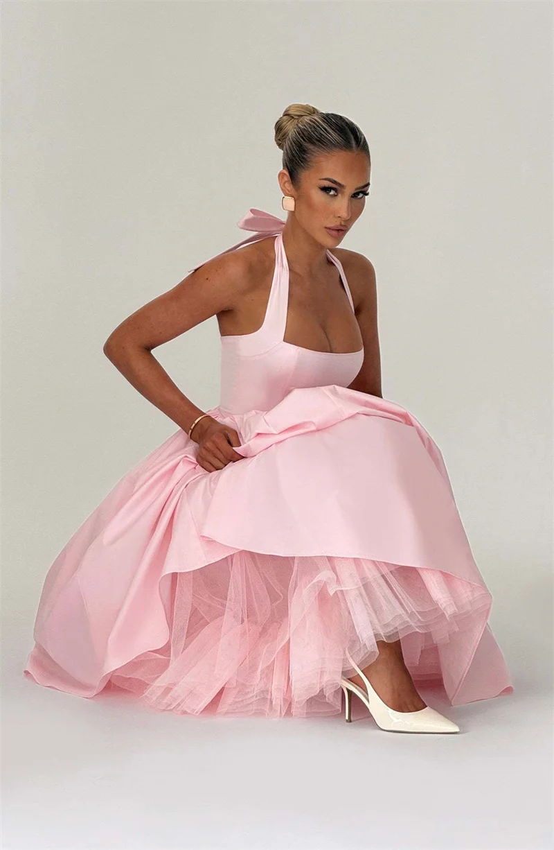Mozision Halter Backless A-line Club Midi Dress Women Fashion Elegant Square Collar Sleeveless High Waist Party Pleated Dress
