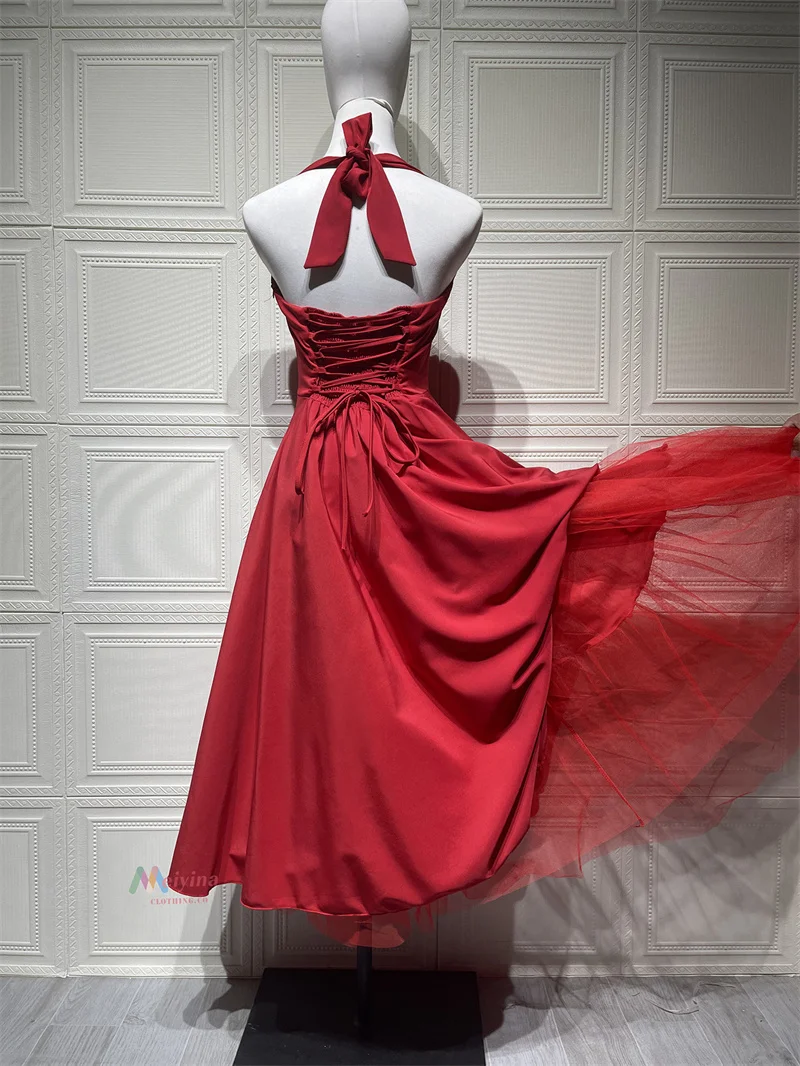 Mozision Halter Backless A-line Club Midi Dress Women Fashion Elegant Square Collar Sleeveless High Waist Party Pleated Dress