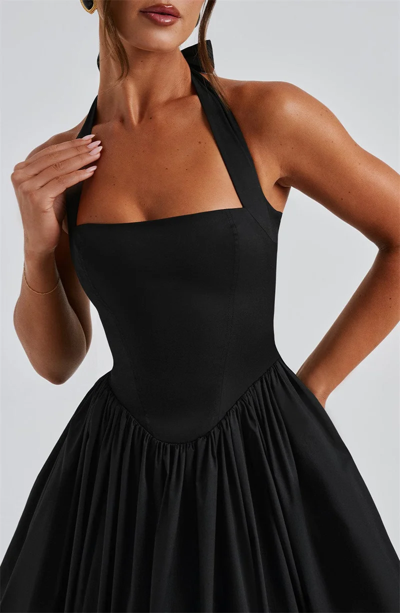 Mozision Halter Backless A-line Club Midi Dress Women Fashion Elegant Square Collar Sleeveless High Waist Party Pleated Dress