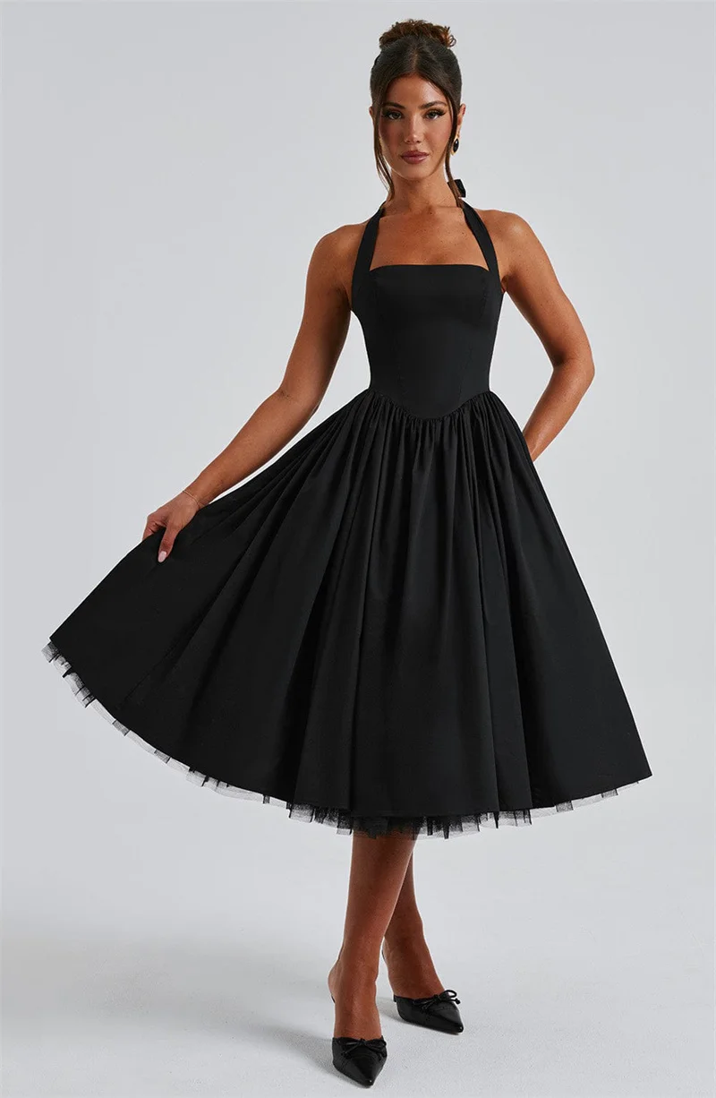 Mozision Halter Backless A-line Club Midi Dress Women Fashion Elegant Square Collar Sleeveless High Waist Party Pleated Dress