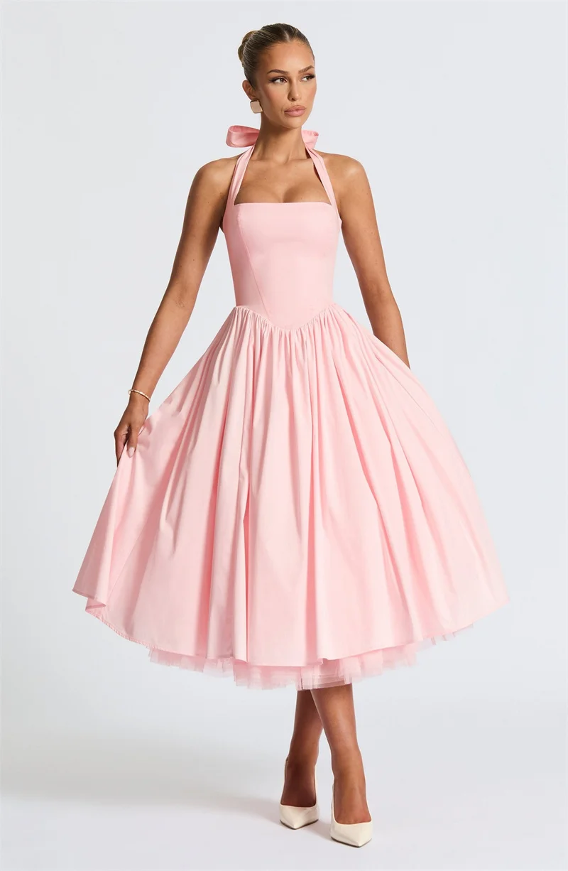 Mozision Halter Backless A-line Club Midi Dress Women Fashion Elegant Square Collar Sleeveless High Waist Party Pleated Dress