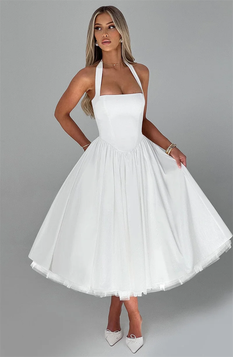 Mozision Halter Backless A-line Club Midi Dress Women Fashion Elegant Square Collar Sleeveless High Waist Party Pleated Dress