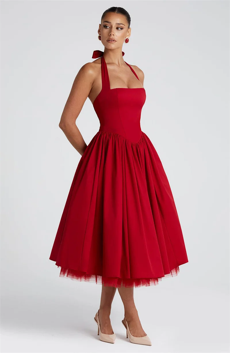 Mozision Halter Backless A-line Club Midi Dress Women Fashion Elegant Square Collar Sleeveless High Waist Party Pleated Dress