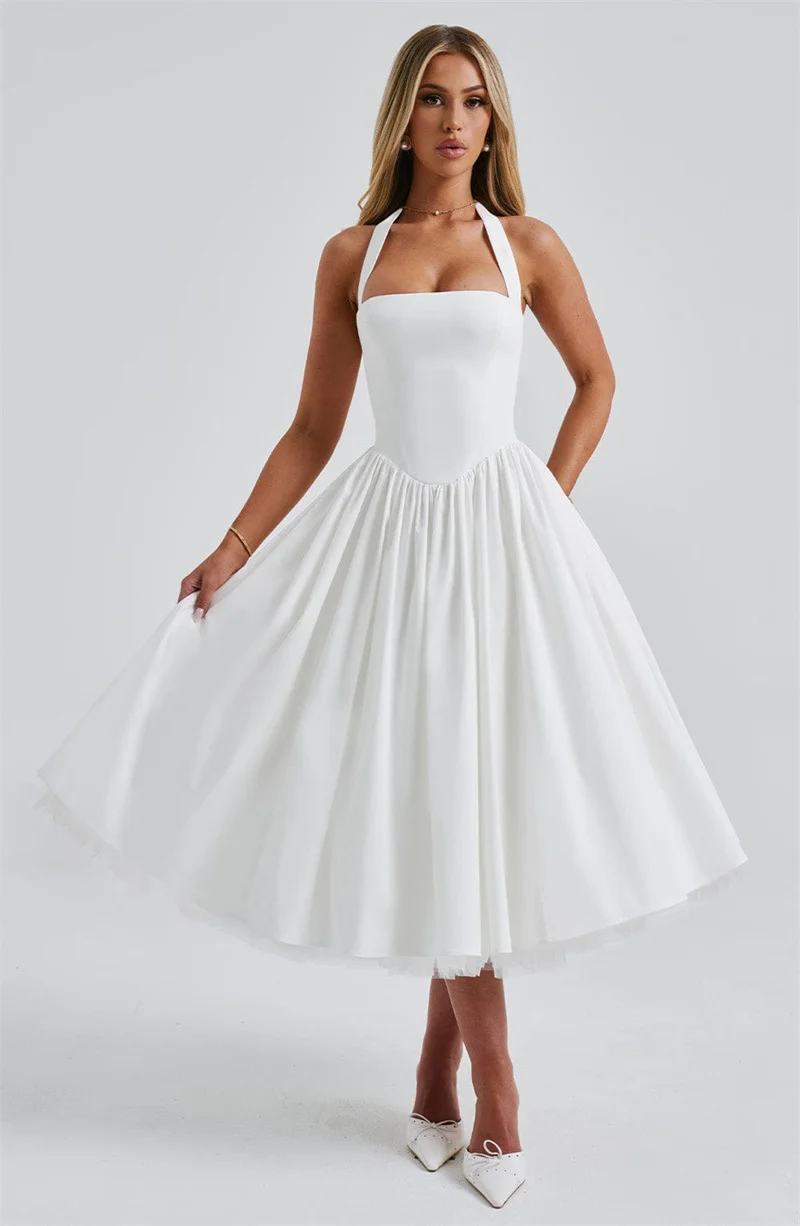 Mozision Halter Backless A-line Club Midi Dress Women Fashion Elegant Square Collar Sleeveless High Waist Party Pleated Dress