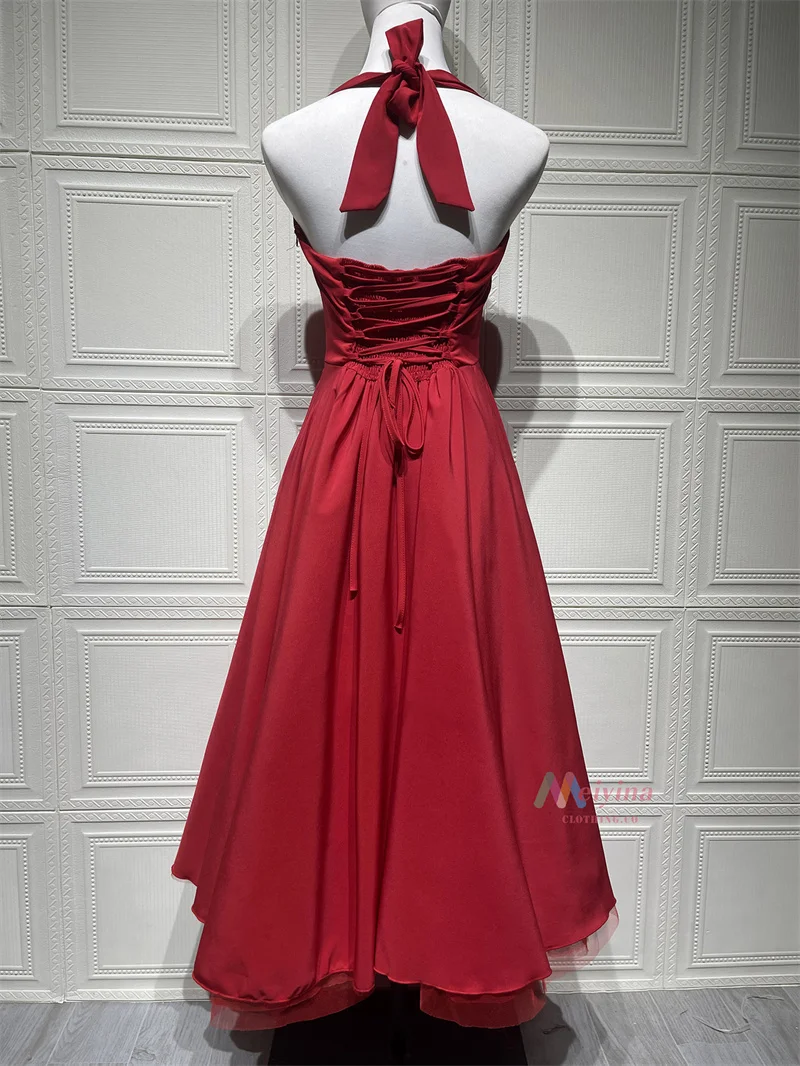 Mozision Halter Backless A-line Club Midi Dress Women Fashion Elegant Square Collar Sleeveless High Waist Party Pleated Dress