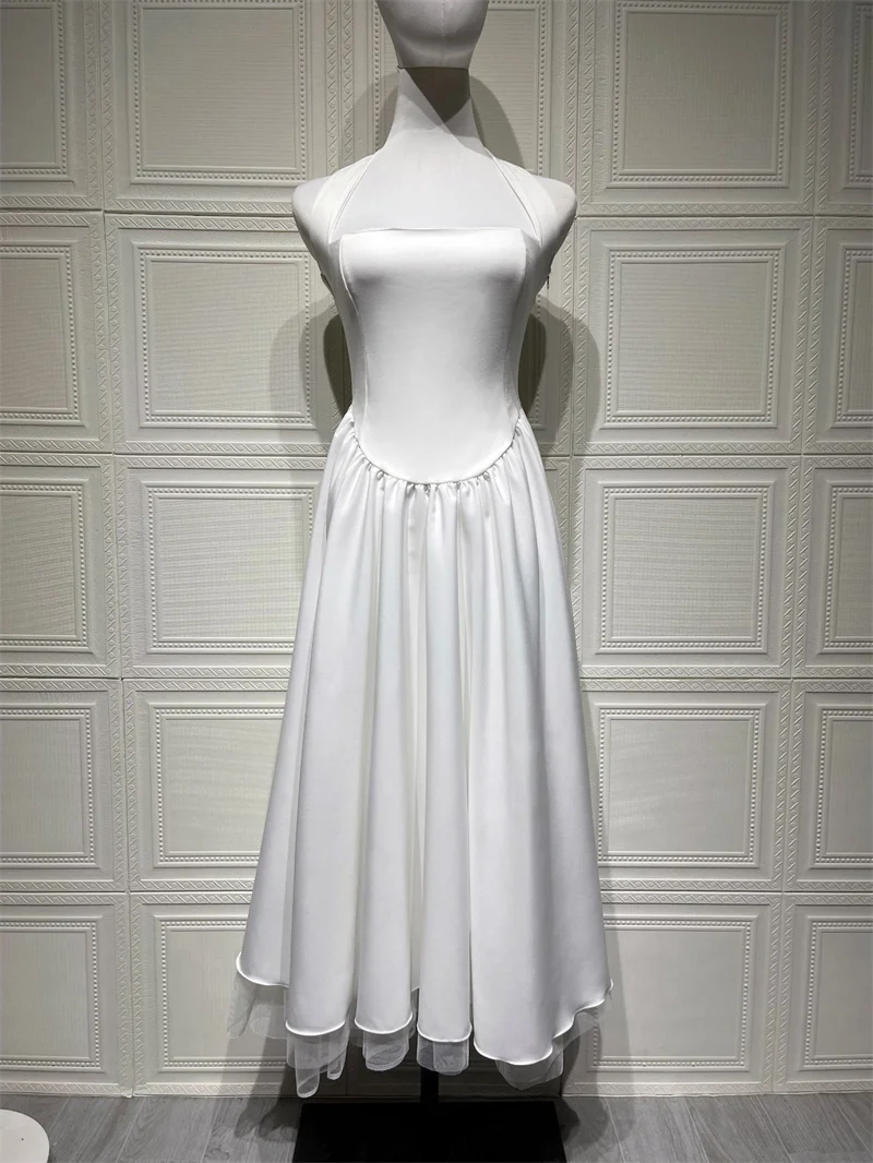 Mozision Halter Backless A-line Club Midi Dress Women Fashion Elegant Square Collar Sleeveless High Waist Party Pleated Dress