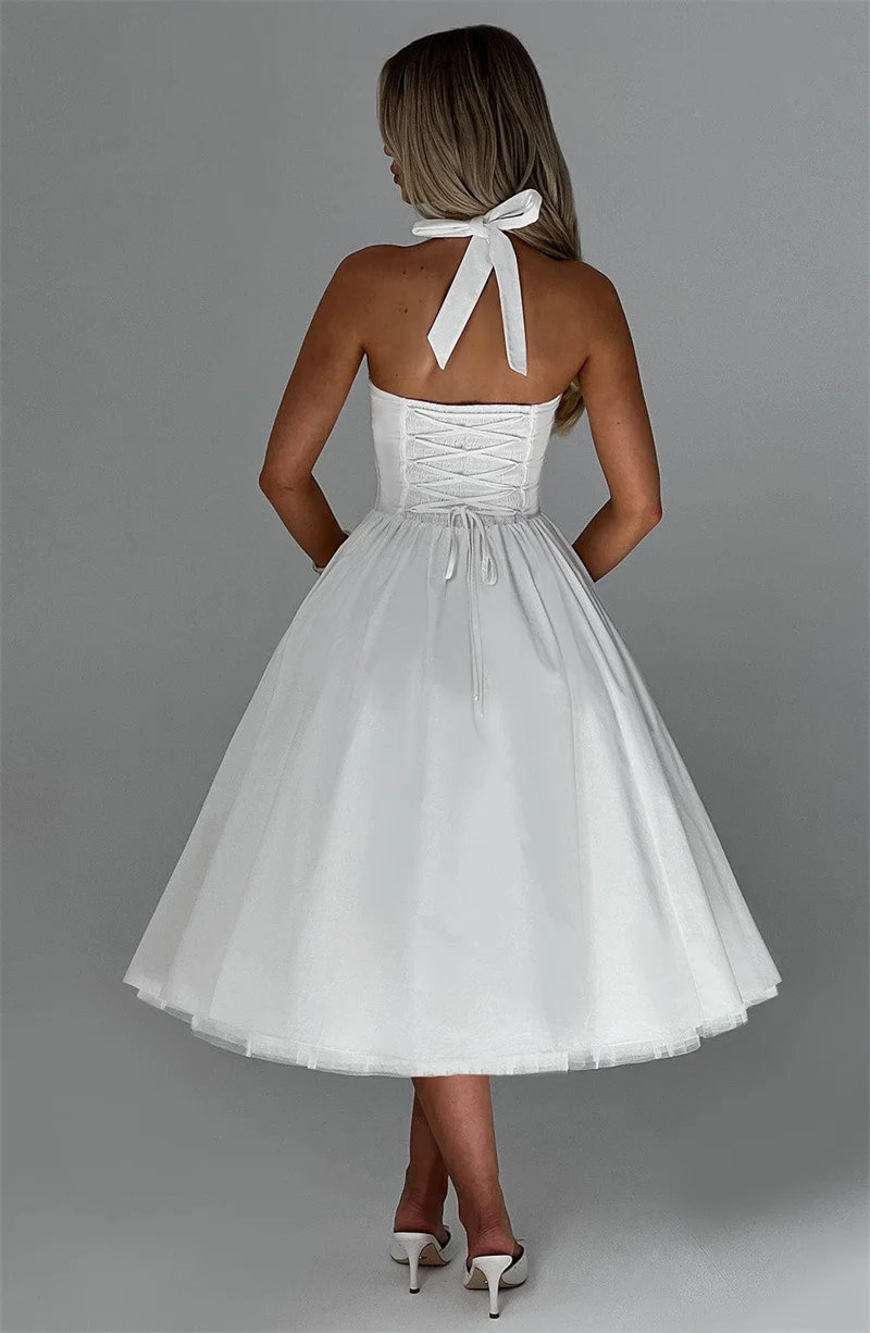 Mozision Halter Backless A-line Club Midi Dress Women Fashion Elegant Square Collar Sleeveless High Waist Party Pleated Dress