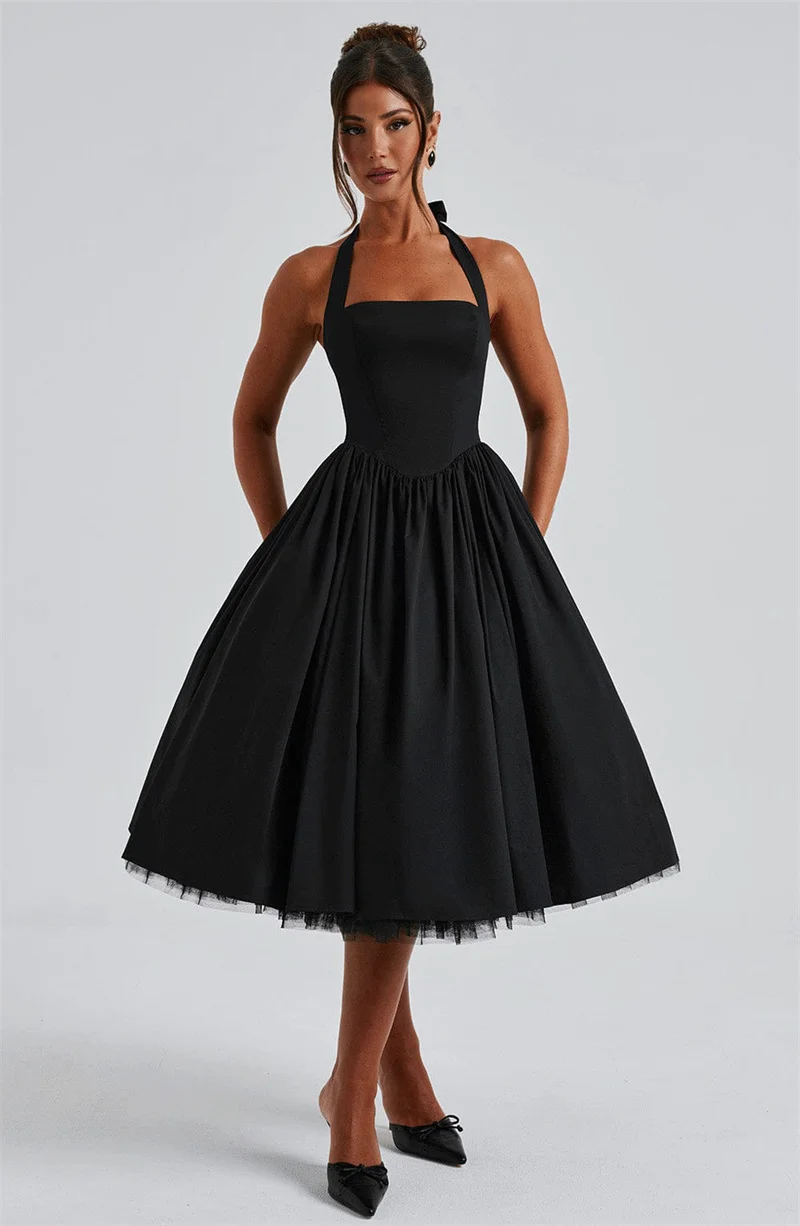 Mozision Halter Backless A-line Club Midi Dress Women Fashion Elegant Square Collar Sleeveless High Waist Party Pleated Dress