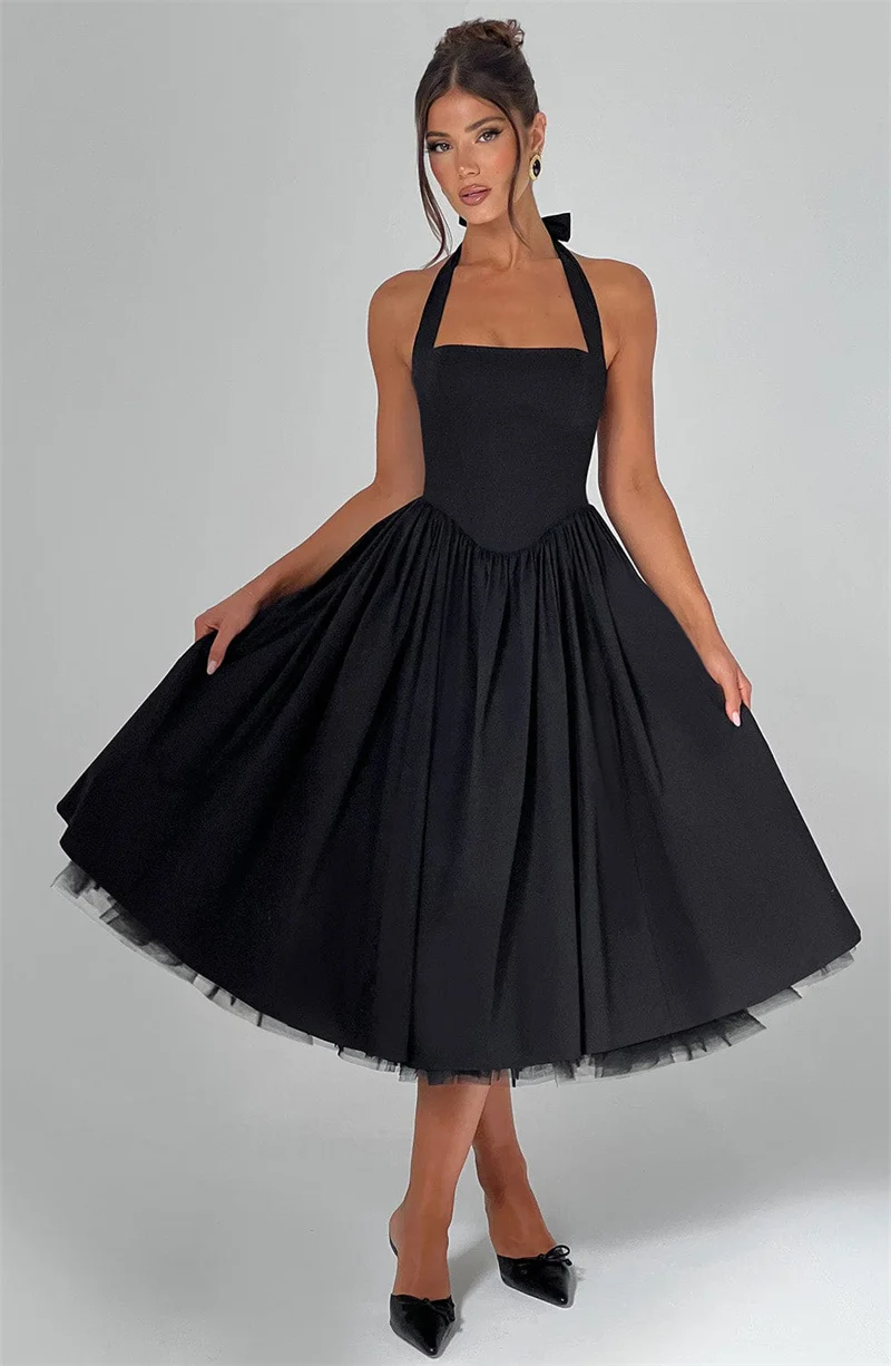 Mozision Halter Backless A-line Club Midi Dress Women Fashion Elegant Square Collar Sleeveless High Waist Party Pleated Dress