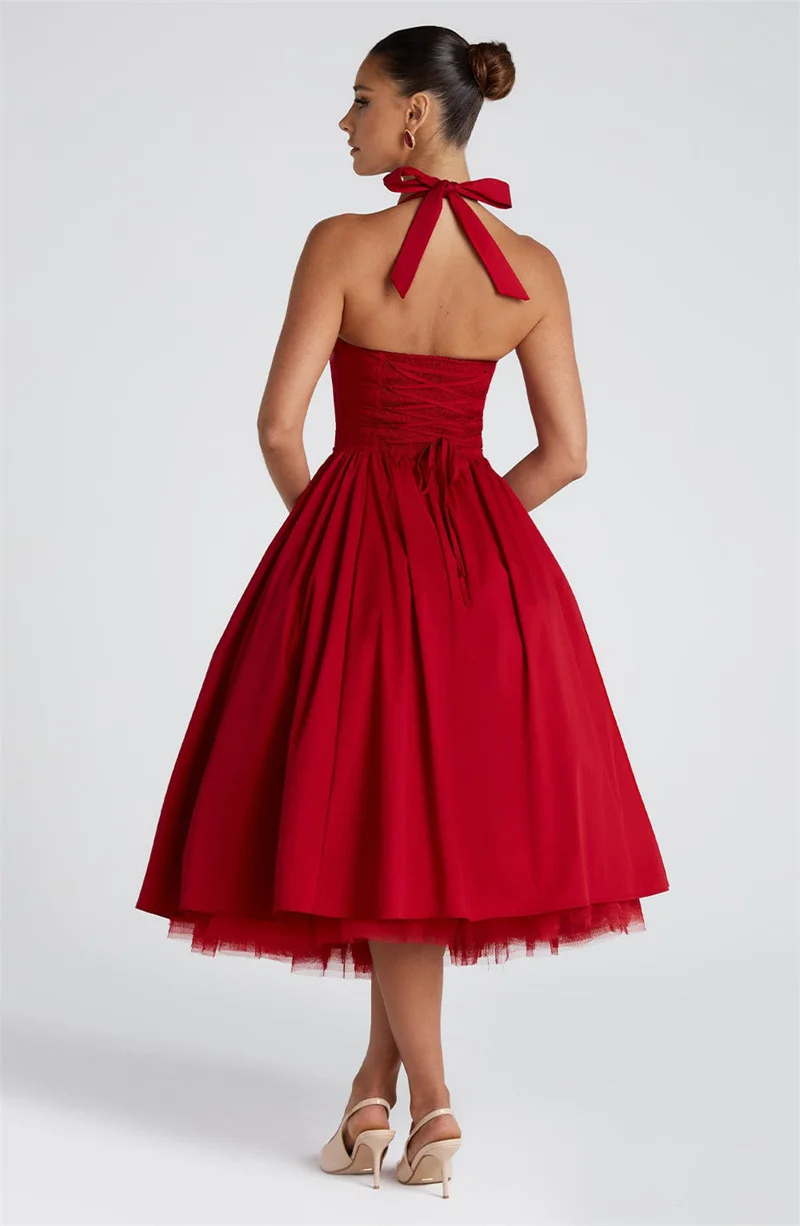 Mozision Halter Backless A-line Club Midi Dress Women Fashion Elegant Square Collar Sleeveless High Waist Party Pleated Dress