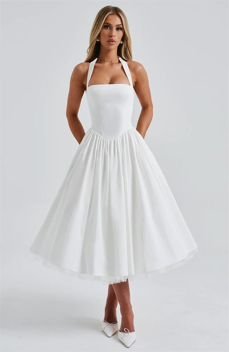 Mozision Halter Backless A-line Club Midi Dress Women Fashion Elegant Square Collar Sleeveless High Waist Party Pleated Dress