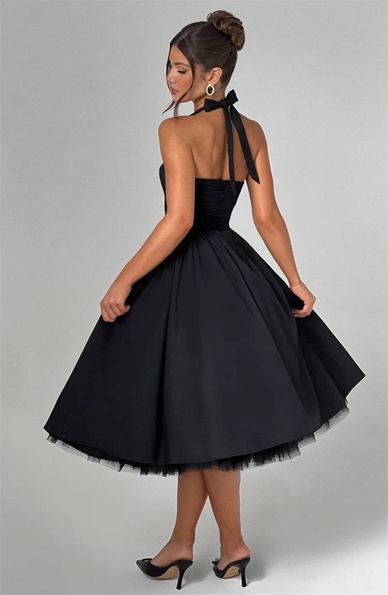 Mozision Halter Backless A-line Club Midi Dress Women Fashion Elegant Square Collar Sleeveless High Waist Party Pleated Dress