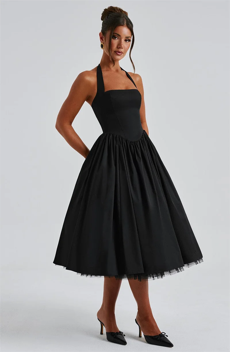 Mozision Halter Backless A-line Club Midi Dress Women Fashion Elegant Square Collar Sleeveless High Waist Party Pleated Dress
