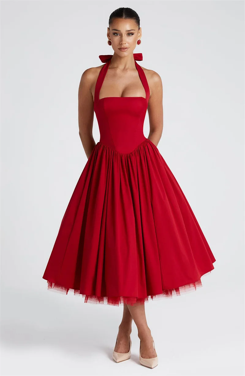 Mozision Halter Backless A-line Club Midi Dress Women Fashion Elegant Square Collar Sleeveless High Waist Party Pleated Dress