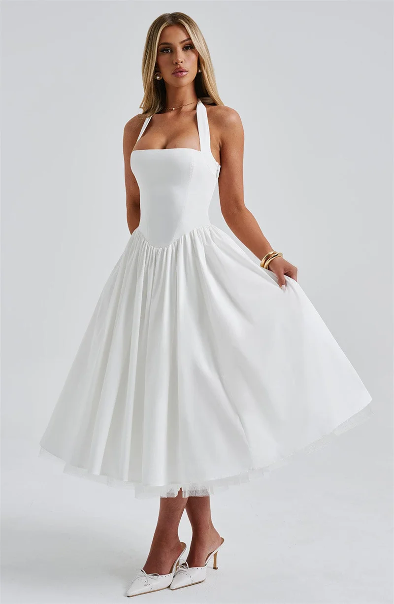 Mozision Halter Backless A-line Club Midi Dress Women Fashion Elegant Square Collar Sleeveless High Waist Party Pleated Dress