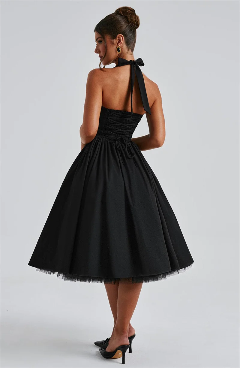 Mozision Halter Backless A-line Club Midi Dress Women Fashion Elegant Square Collar Sleeveless High Waist Party Pleated Dress