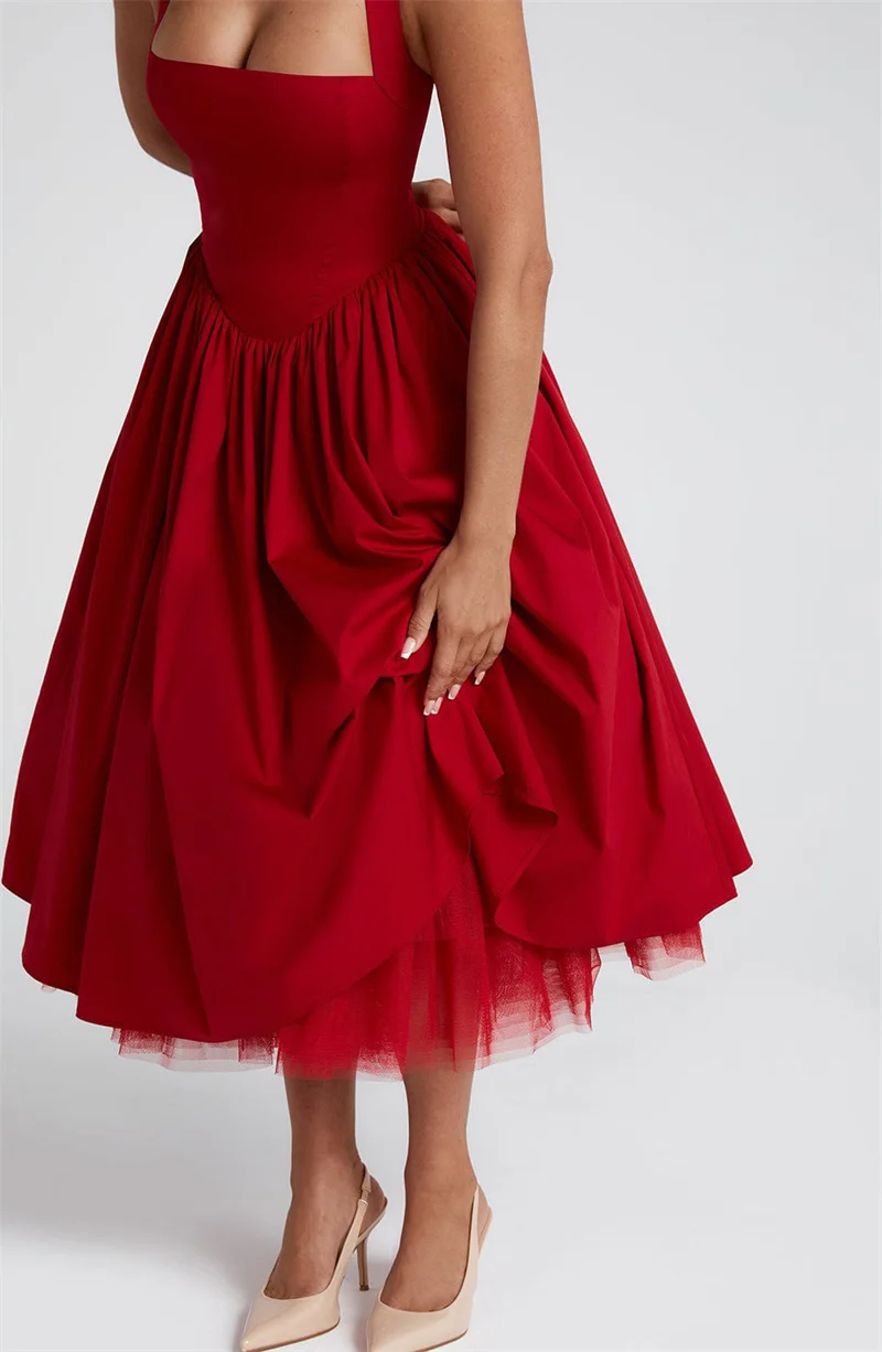 Mozision Halter Backless A-line Club Midi Dress Women Fashion Elegant Square Collar Sleeveless High Waist Party Pleated Dress