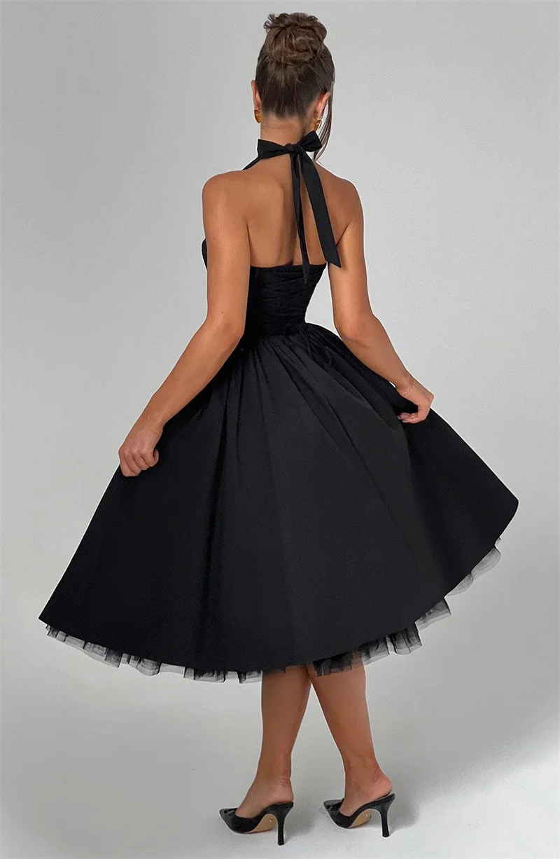 Mozision Halter Backless A-line Club Midi Dress Women Fashion Elegant Square Collar Sleeveless High Waist Party Pleated Dress