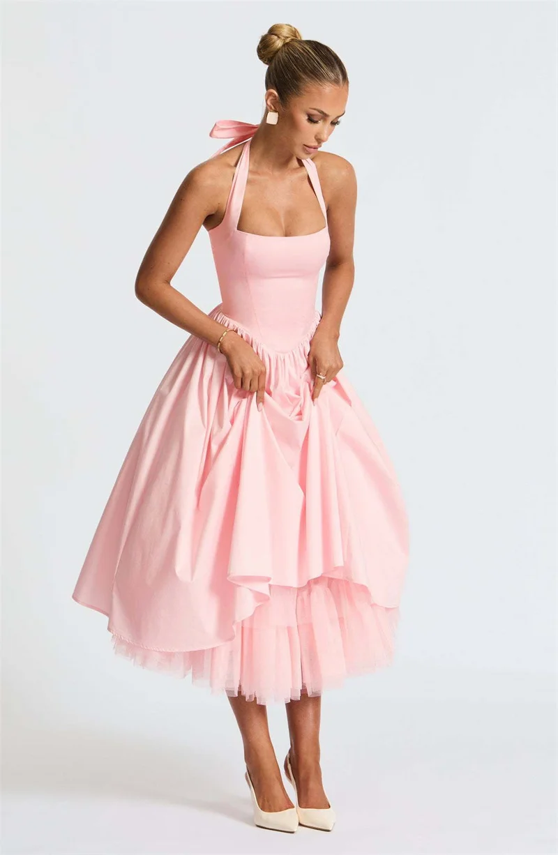 Mozision Halter Backless A-line Club Midi Dress Women Fashion Elegant Square Collar Sleeveless High Waist Party Pleated Dress