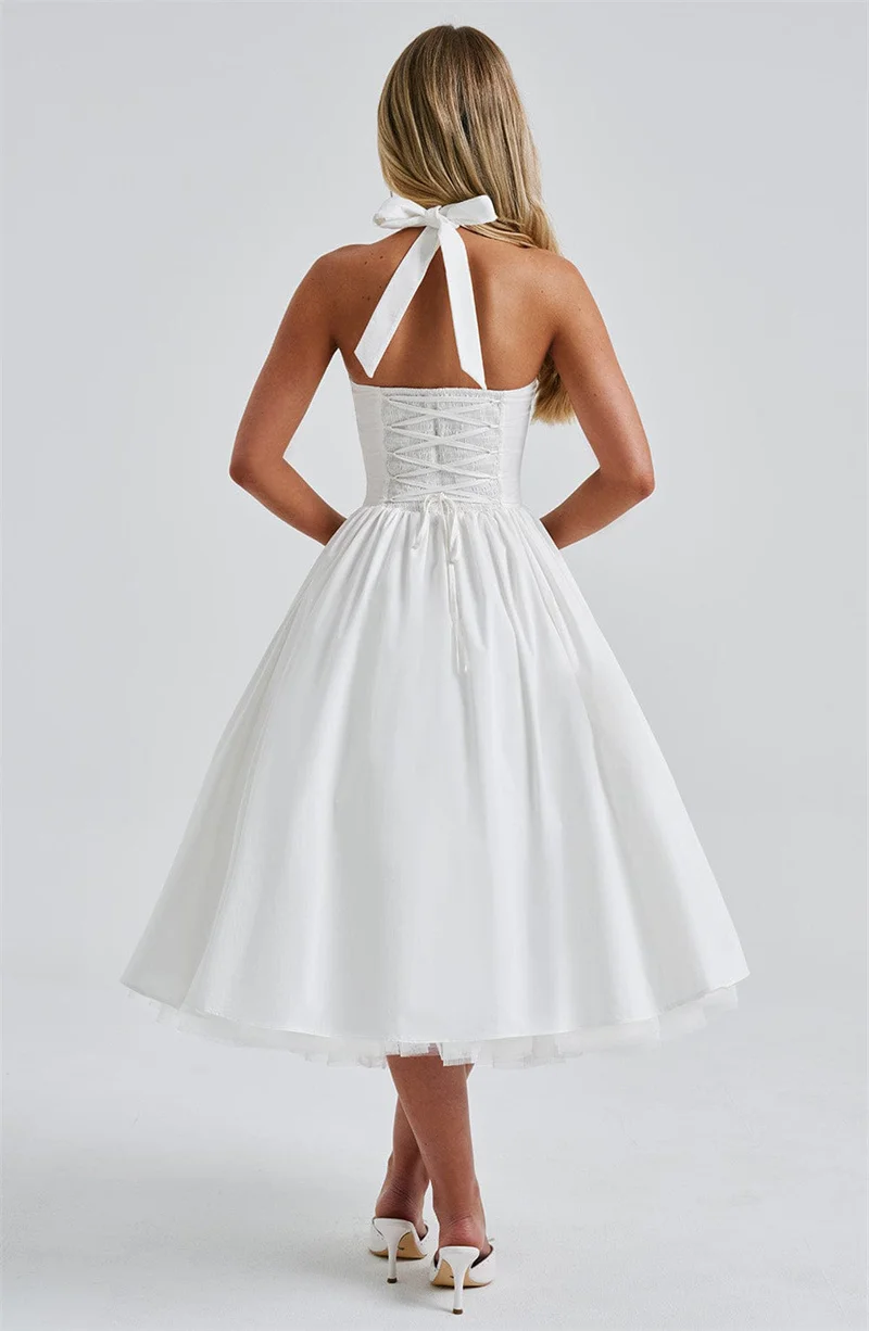 Mozision Halter Backless A-line Club Midi Dress Women Fashion Elegant Square Collar Sleeveless High Waist Party Pleated Dress