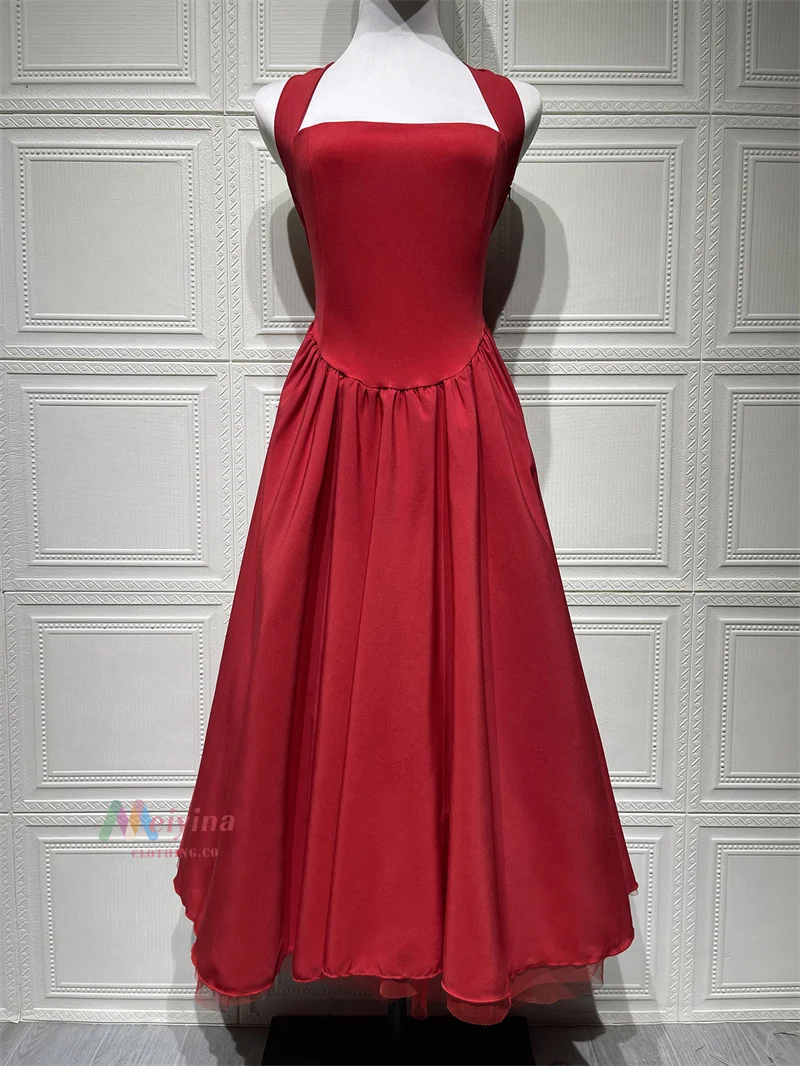 Mozision Halter Backless A-line Club Midi Dress Women Fashion Elegant Square Collar Sleeveless High Waist Party Pleated Dress