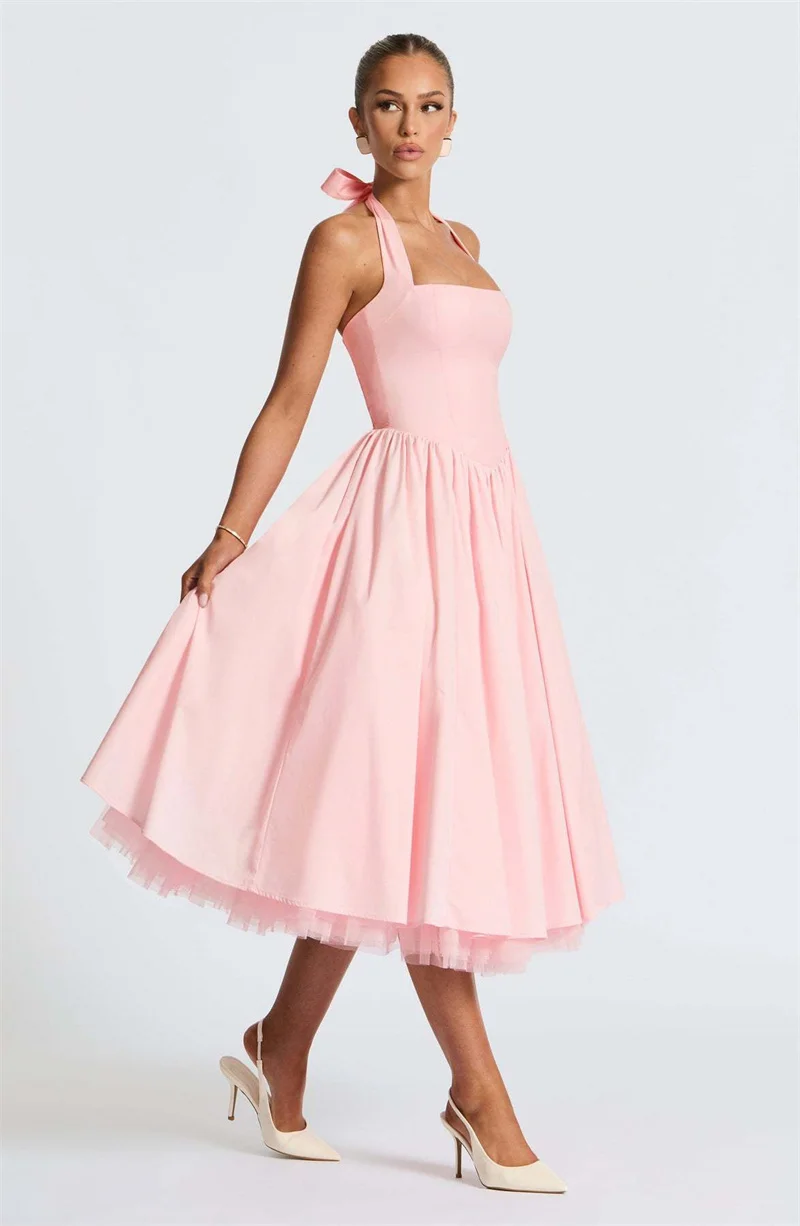 Mozision Halter Backless A-line Club Midi Dress Women Fashion Elegant Square Collar Sleeveless High Waist Party Pleated Dress