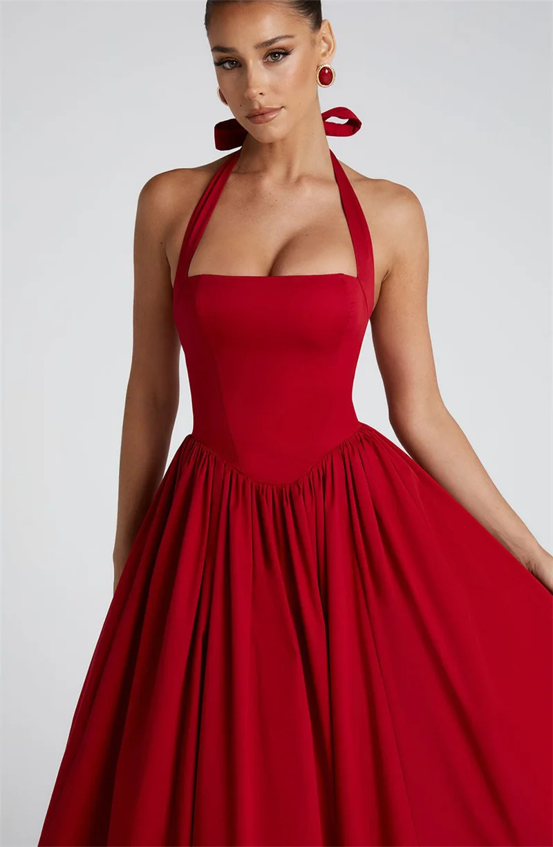 Mozision Halter Backless A-line Club Midi Dress Women Fashion Elegant Square Collar Sleeveless High Waist Party Pleated Dress