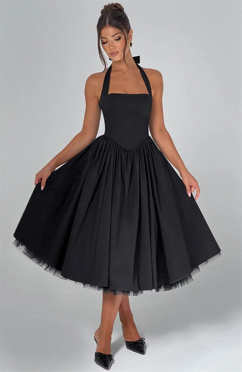 Mozision Halter Backless A-line Club Midi Dress Women Fashion Elegant Square Collar Sleeveless High Waist Party Pleated Dress