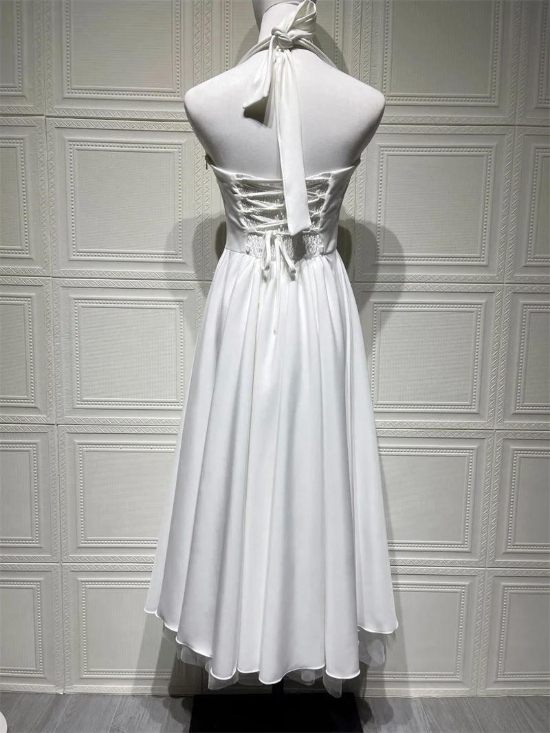 Mozision Halter Backless A-line Club Midi Dress Women Fashion Elegant Square Collar Sleeveless High Waist Party Pleated Dress