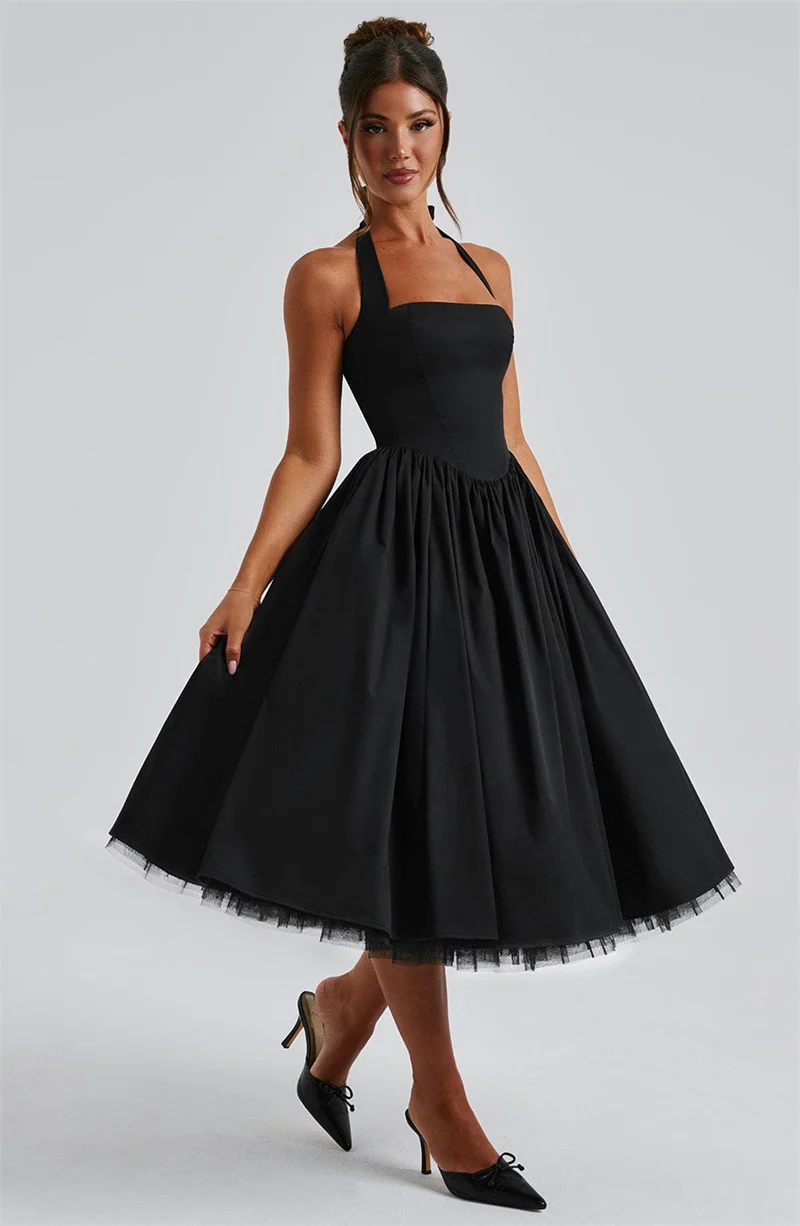Mozision Halter Backless A-line Club Midi Dress Women Fashion Elegant Square Collar Sleeveless High Waist Party Pleated Dress