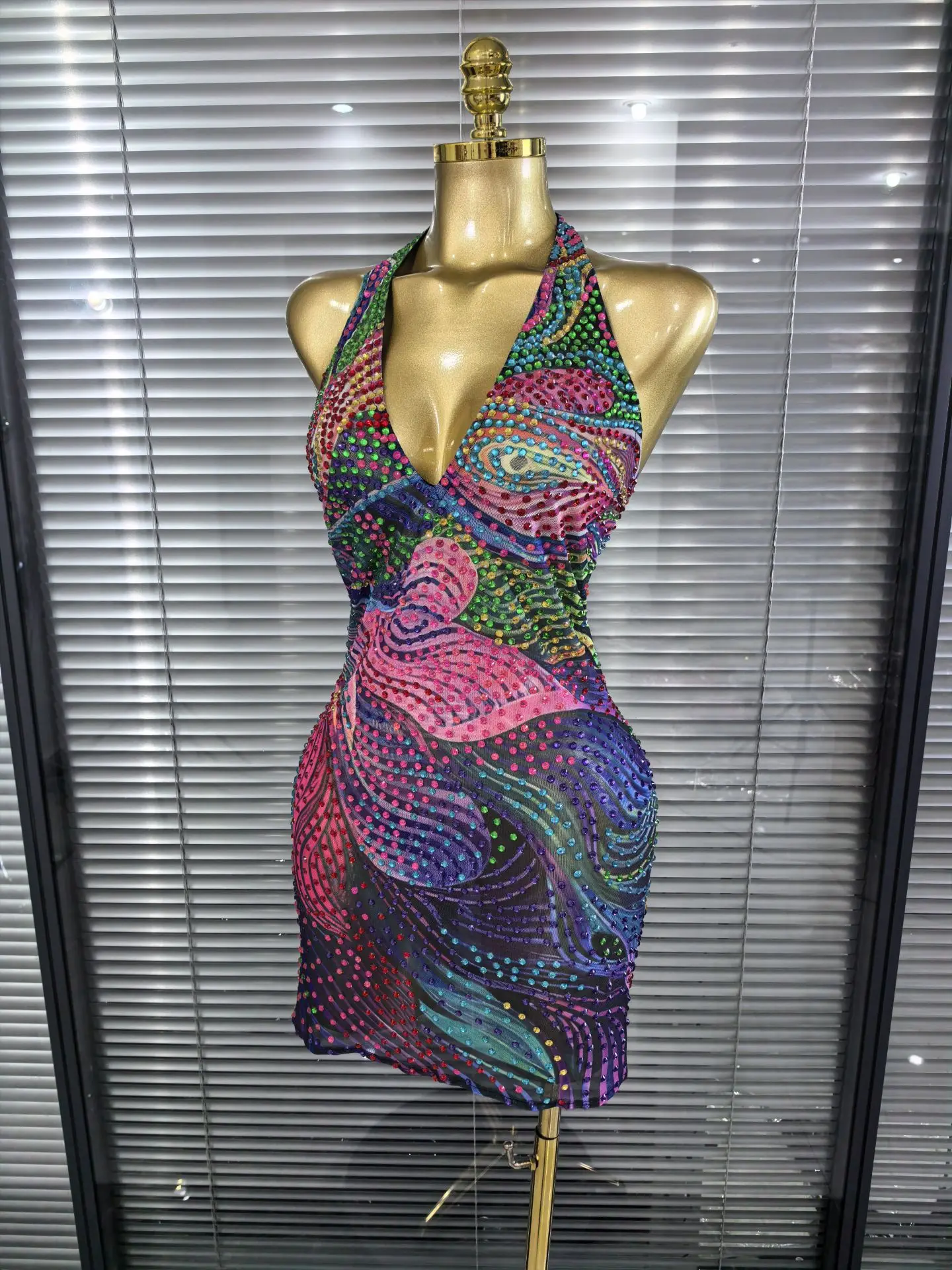 Blue Color Women Sexy Halter Backless Shinning Chain Bodycon Mini Dress Celebrate Nightclub Party Performance Costume Stage Wear