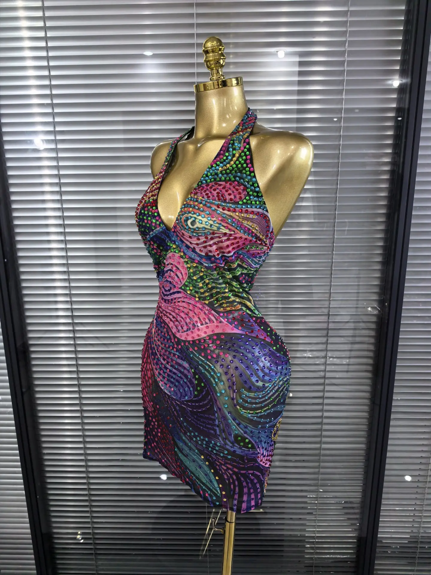 Blue Color Women Sexy Halter Backless Shinning Chain Bodycon Mini Dress Celebrate Nightclub Party Performance Costume Stage Wear