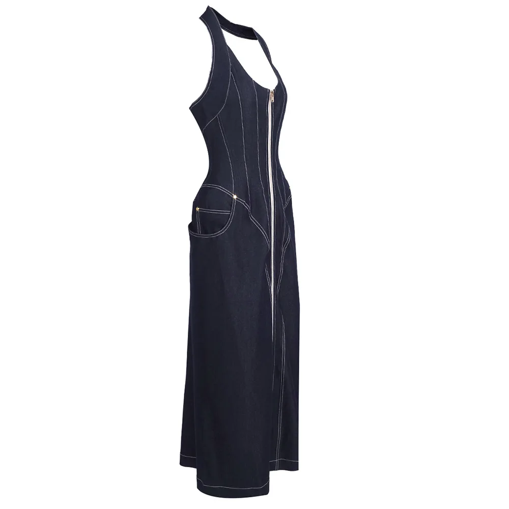 2025 New Women Celebrity Sexy Backless Halter Blue Zipper Denim Maxi Long Gowns Dress Elegant Evening Party Club Vestido