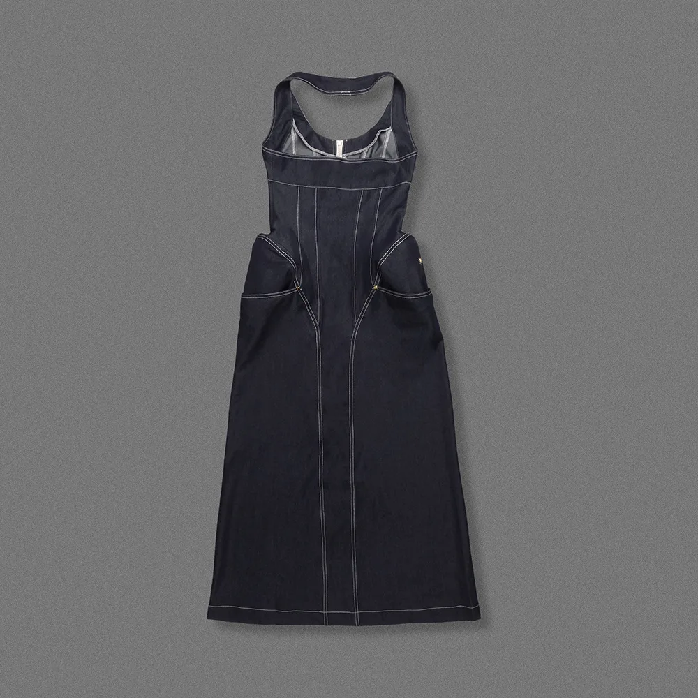 2025 New Women Celebrity Sexy Backless Halter Blue Zipper Denim Maxi Long Gowns Dress Elegant Evening Party Club Vestido