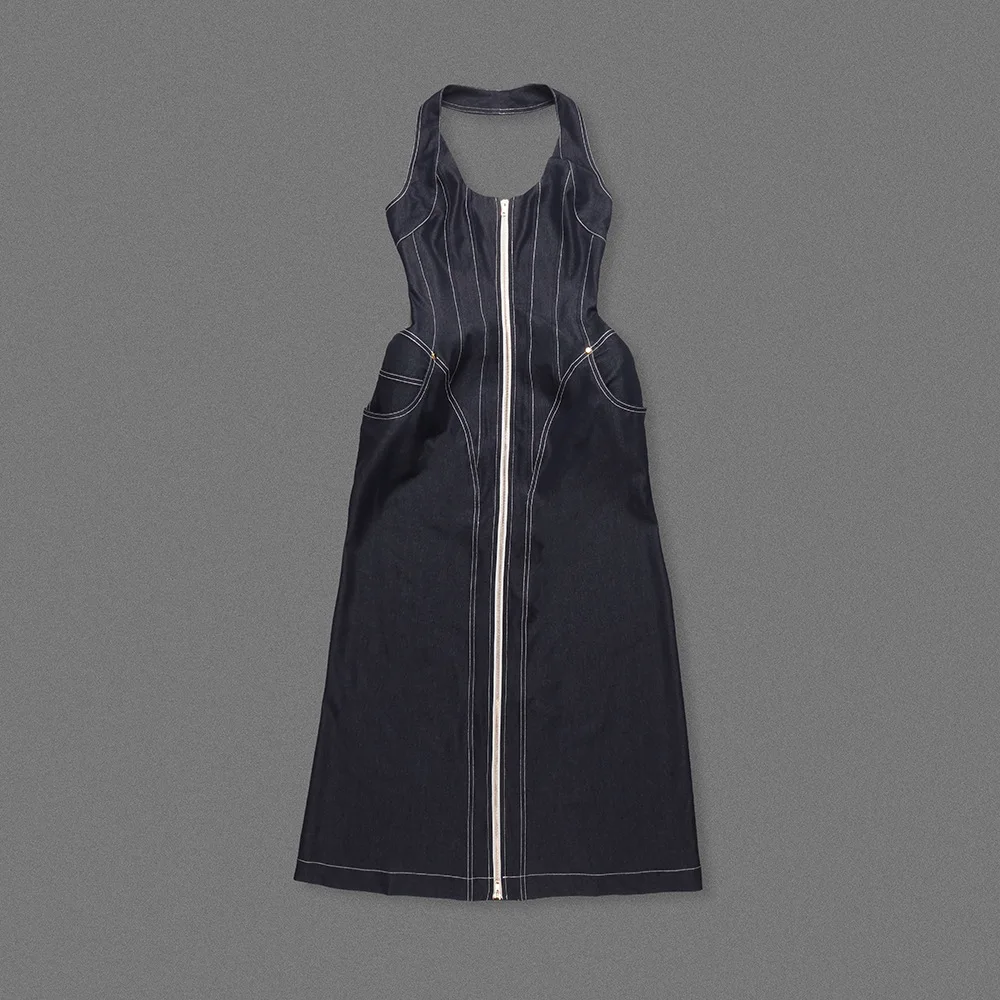 2025 New Women Celebrity Sexy Backless Halter Blue Zipper Denim Maxi Long Gowns Dress Elegant Evening Party Club Vestido